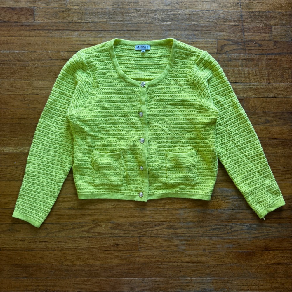Nanette Lepore Neon‎ Lime Green Textured Knit Button Front Cardigan Sweater L